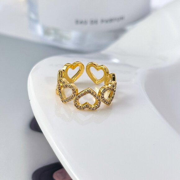 3/$35 Dainty Gold Hearts Shape Open Ring Cubic Zirconia CZ Diamond Jewelry - Picture 6 of 8
